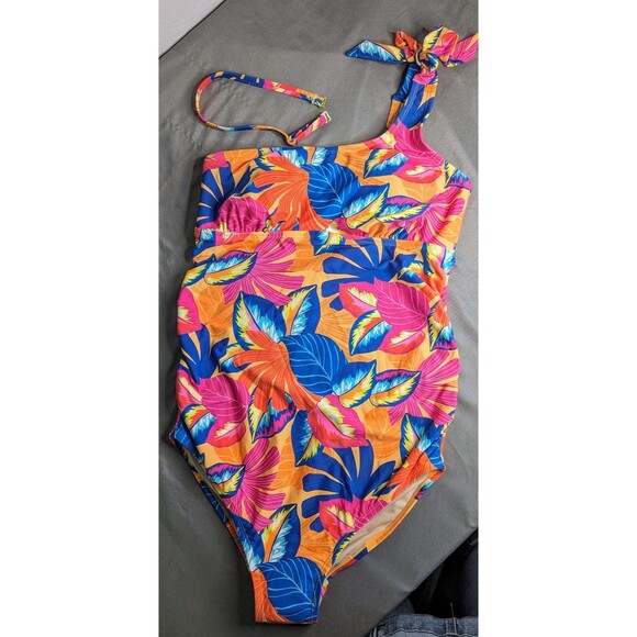 Isabel Maternity Asymmetric Tie Shoulder One Piece Maternity Swimsuit Floral Med - Picture 3 of 6